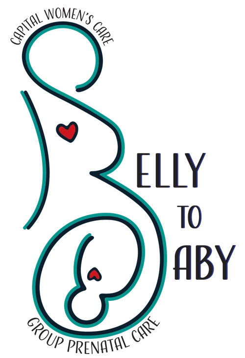 Stylized line drawing of a pregnant woman with a baby inside her, both with red hearts. Text reads: “Capital Women’s Care Group Prenatal Care – Belly to Baby.”.
